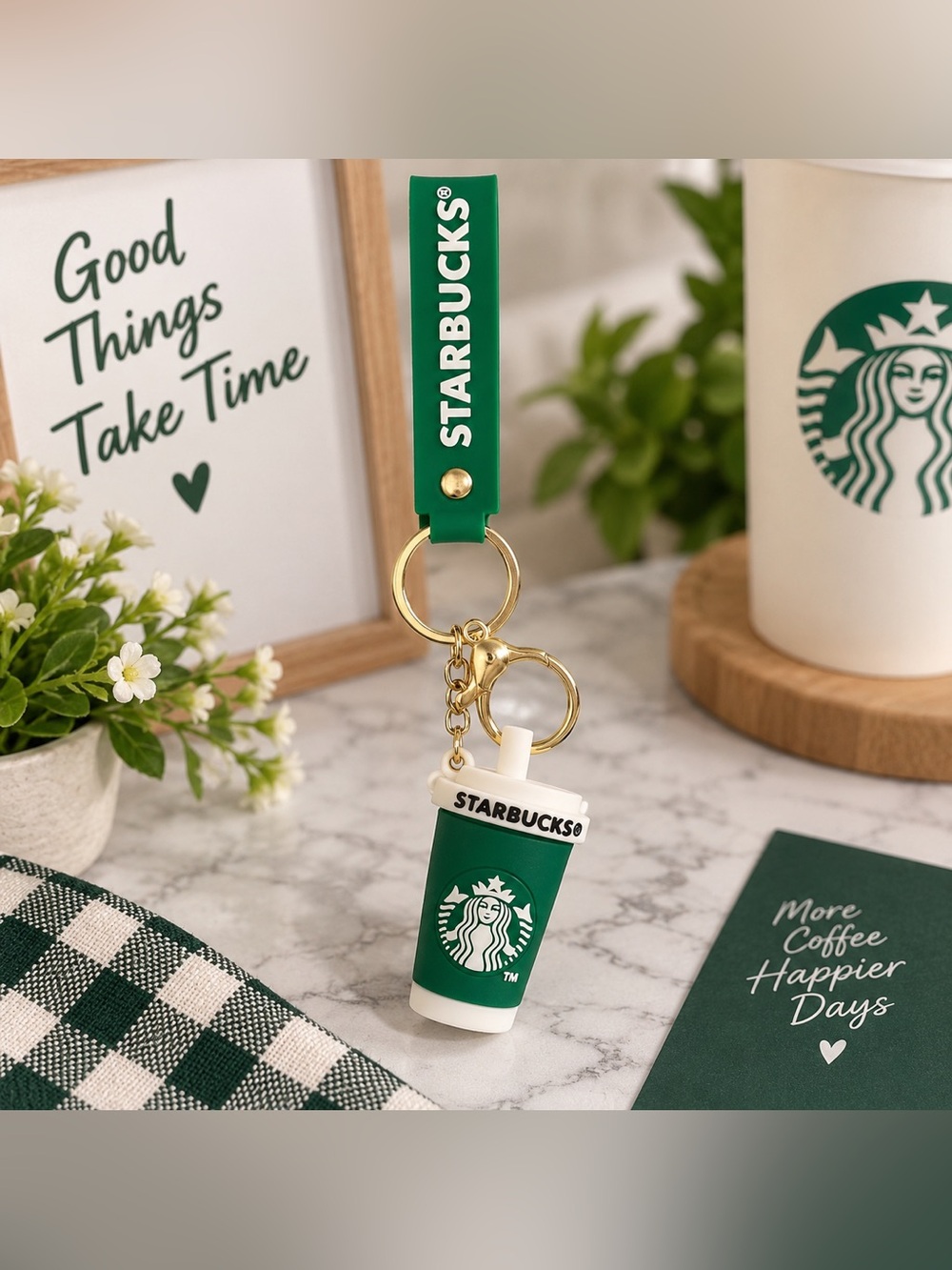 Green and White Cup Keyring with Gold Accents